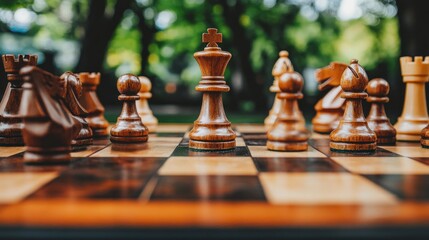 Chess pieces on a board outdoors