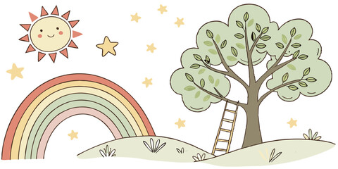 A whimsical scene with a smiling sun rainbow stars tree and ladder on a grassy hill landscape art