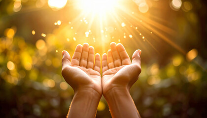 Hands reaching out towards the sunlight as a sign of abundance and prosperity