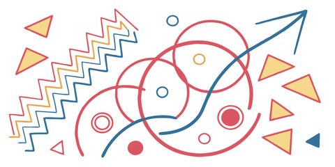 Abstract design featuring geometric shapes like circles triangles and a zigzag line with an arrow pointing up