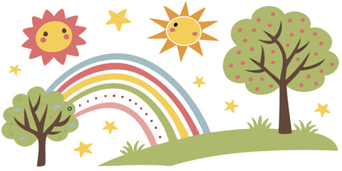 A whimsical scene featuring a rainbow, two smiling suns, trees, stars, and a grassy hill landscape