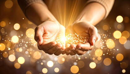 Hands holding a golden light as a sign of abundance and prosperity