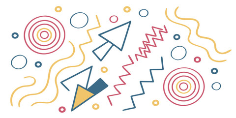 Abstract composition with arrows circles zigzags and wavy lines in a playful and colorful design style