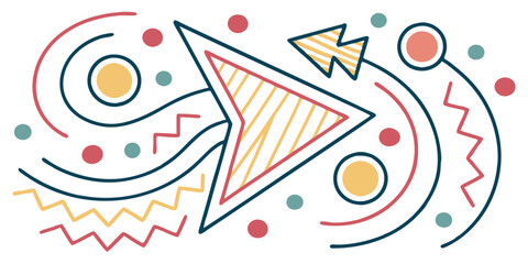 Abstract design featuring a forward pointing arrow with circles and zigzags in various colors