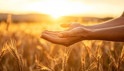 Hands reaching out toward the sun over a wheat field as a sign of abundance