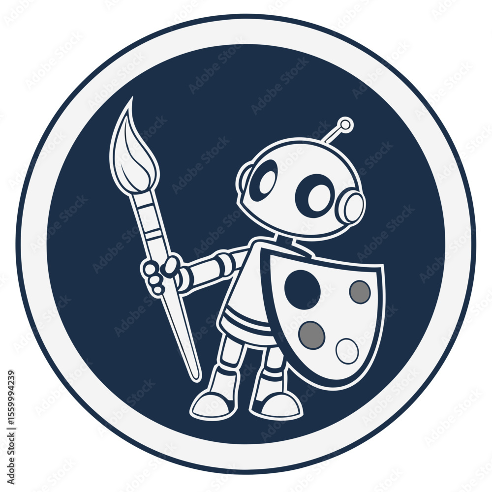 Poster a robot holding a paintbrush and a palette inside a circle with a white outline on a white backgroun
