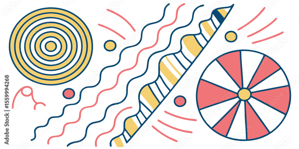 Poster abstract composition featuring concentric circles wavy lines and a segmented circle design element