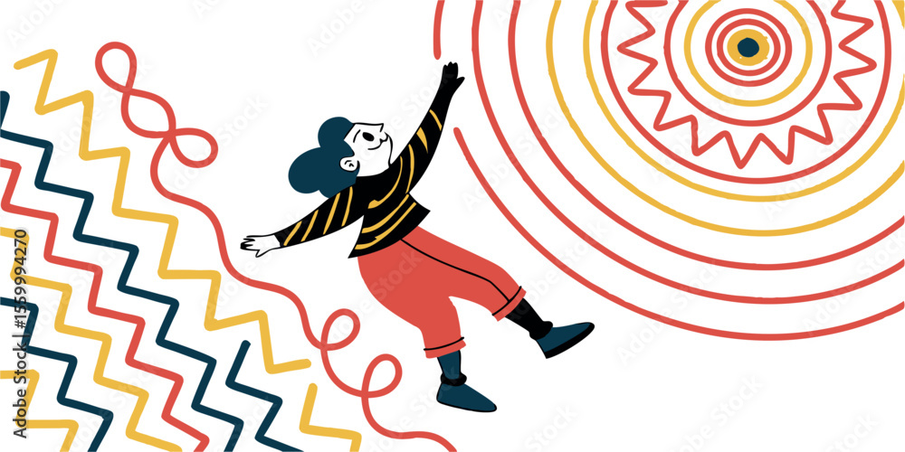 Poster a person reaching towards concentric circles with colorful zigzags and wavy lines on white backdrop