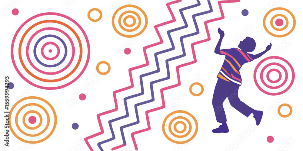 Poster person reaching up next to a zigzag line with concentric circles and dots on a white background