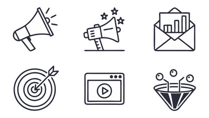 Collection of six marketing icons including megaphone target email video player and conversion funnel