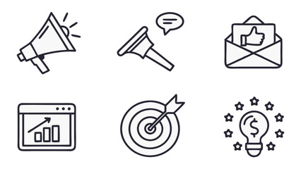 Collection of business growth related symbols including megaphone target and lightbulb with dollar sign