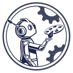 Stylized robot holding a palette with paint in a circle with gears on a white background art piece