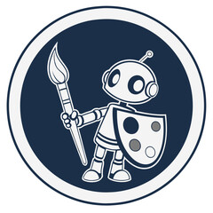 A robot holding a paintbrush and a palette inside a circle with a white outline on a white background