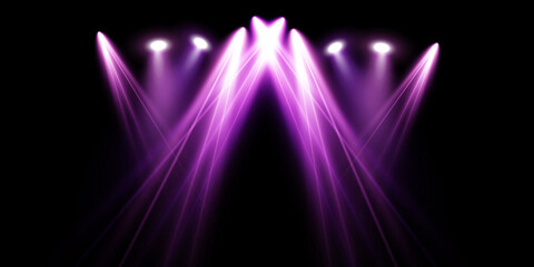 Pink spotlight stage background. Disco party projector light concert or show scene. Magic beam glow...