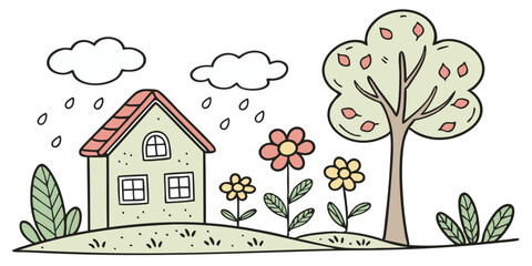 A cozy house with a red roof and white windows sits near a tree with flowers under rain clouds
