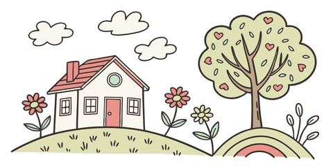 A charming dwelling with a red roof and door nestled beside a heart adorned tree under fluffy clouds