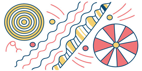 Abstract composition featuring concentric circles wavy lines and a segmented circle design element