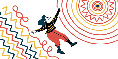 A person reaching towards concentric circles with colorful zigzags and wavy lines on white backdrop