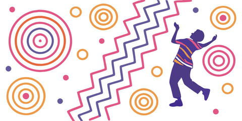 Person reaching up next to a zigzag line with concentric circles and dots on a white background