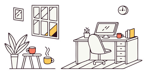 A room with a desk, computer, chair, window, plant, and mugs, creating a cozy workspace scene indoors