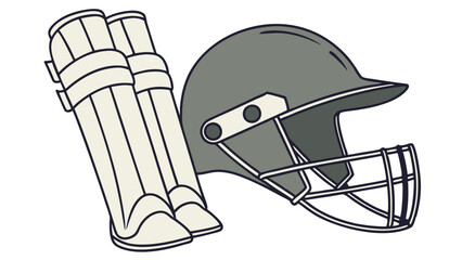 A cricket helmet and leg pads equipment set for player safety during a sporting competition match