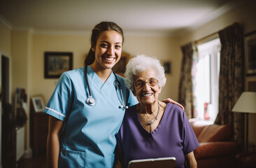 Una joven enfermera sonriente ayuda a una anciana con un andador en un interior luminoso, similar a una residencia de ancianos. Imagen que transmite cuidado, empatía y apoyo profesional.