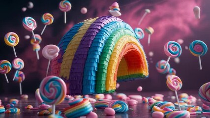 Camera starting orbiting candy set, revealing rainbow piñata with swirl lollipops and candy spheres - Powered by Adobe