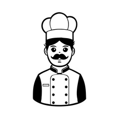 Black and White Chef Avatar with Moustache and Toque Hat Line Art Vector