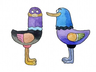 bird Vintage Watercolor Handmade Cartoon Style Logo Print Liner Ink pen © Anatoly Shapoval
