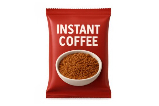 Red instant coffee packaging with transparent background
