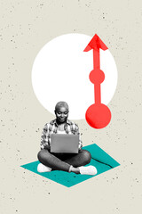 Creative trend artwork design 3D collage sketch of young lady down work laptop arrow up growth goal stats analyzing business trade