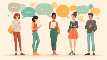 Obraz premium Group of diverse young adults communicating with phones and speech bubbles