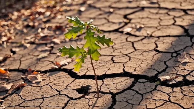 Oak Sapling Grows Through Cracked Autumn Earth