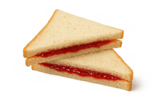 Two slices of white bread forming a sandwich with strawberry jam on transparent background