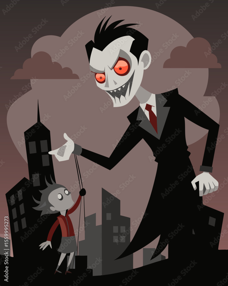 Poster a figure with a sinister smile manipulating a lifeless puppet into a twisted dance against a backdro