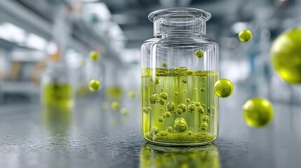 Hydrogen logistics in energy redesign and green catalyst concept. Close-up of a jar containing vibrant green liquid and bubbles.