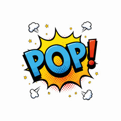 Comic book style art with yellow speech bubble and blue letters forming word pop. Illustration displays exclamation mark and halftone effect, stars and dynamic smoke puffs.