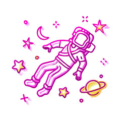 Floating Astronaut in Neon Pink Space Suit with Stars and Planet Vector