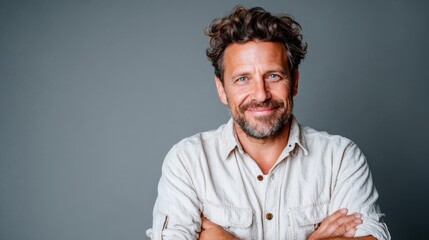 This engaging portrait captures a middle-aged man with a friendly smile and confident demeanor, showcasing warmth and approachability that resonate with viewers and inspire connection.