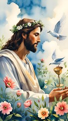 Obraz premium Jesus smiles in a summer garden full of flowers, radiating natural joy and beauty, embracing freedom.