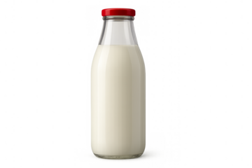 Glass milk bottle with red cap on transparent background