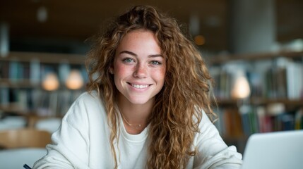 A young woman with vibrant curls beams with joy as she studies in a well-lit library, encapsulating the spirit of learning and academic enthusiasm.