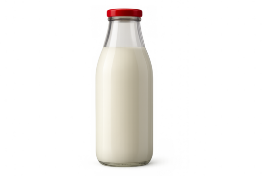 Glass milk bottle with red cap on transparent background
