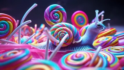 Emerging pastel-blue snail crawling along pink surface exploring swirl lollipops and candy sticks - Powered by Adobe