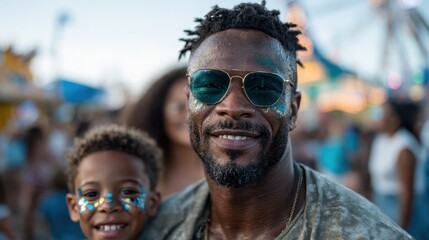 A joyful father wearing sunglasses smiles brightly alongside his child at a lively fairground, embodying happiness and familial love amidst a vibrant background of attractions.