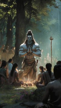 The Hindu God Lord Shiva Appearing Before a Gathering of Devotees in a Mystical Forest