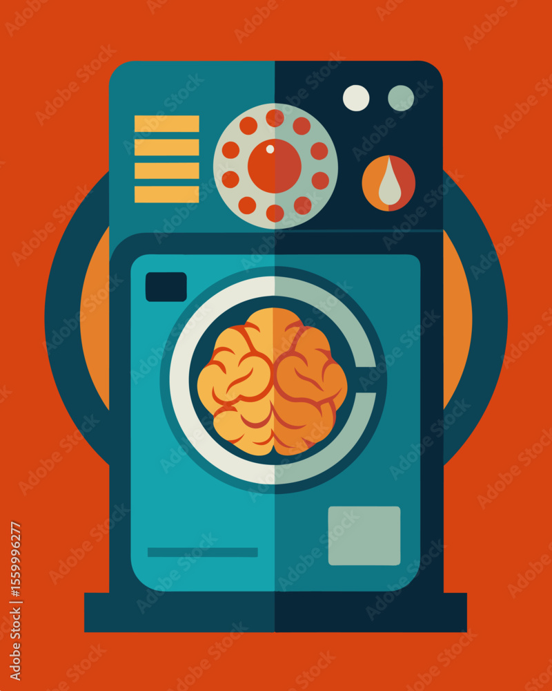 Poster a symbol of psychological warfare the washing machine with a calculating brain inside.. vector illus