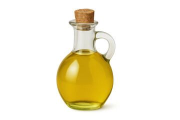 Glass jug filled with golden olive oil on transparent background