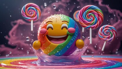 Rainbow-striped sphere bursting, bobbing in candy void as pool ripples while swirl lollipops spin - Powered by Adobe