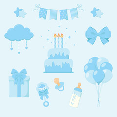 Gender reveal props in blue colours. Air balloons, flags garland, gift box with bow, cake with candles, bottle with milk, rattle, bow, baby pacifier. Gender party. Baby shower vector illustration.  © Ksenya